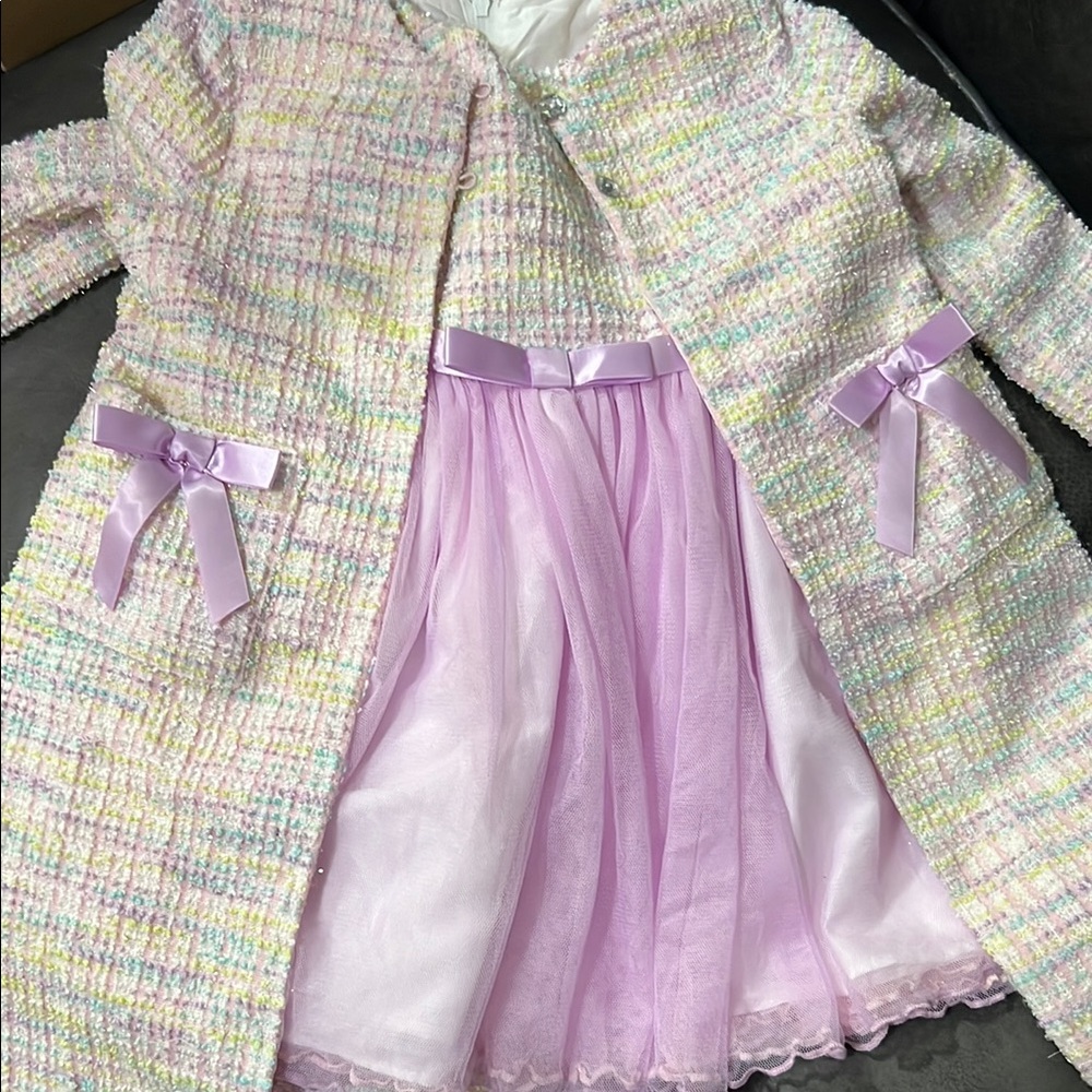 Chic Pastel Tweed Coat with Pink Tulle Dress